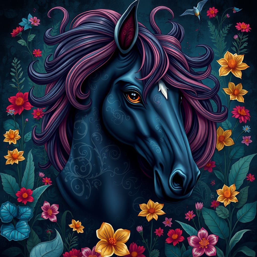 A stunning, vibrant painting of a mystical horse, intricately designed with a myriad of ornate patterns and motifs. The ...