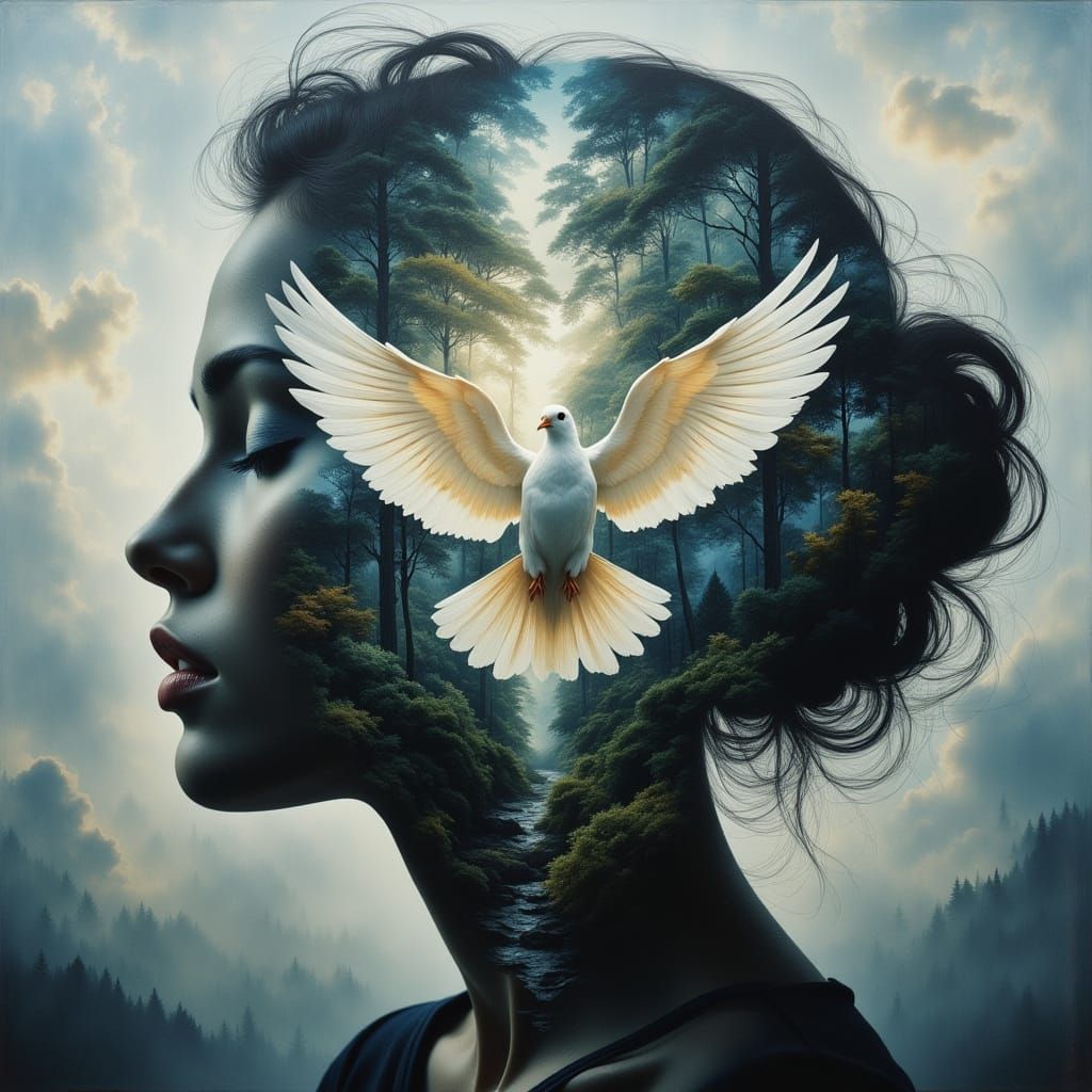 Surreal Dove in Fragmented Head Oil Painting