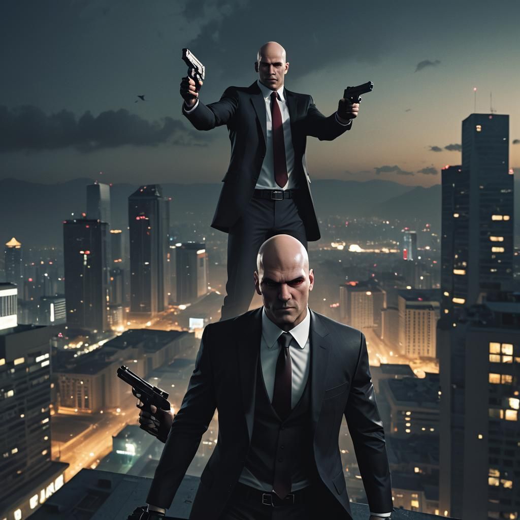 Hitman with Silencer Threatens Rabbit-Masked Figure