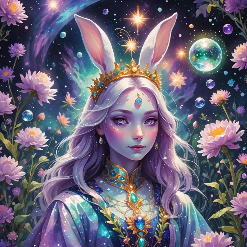 Queen Bunny in Celestial Garden: Astral Illustration