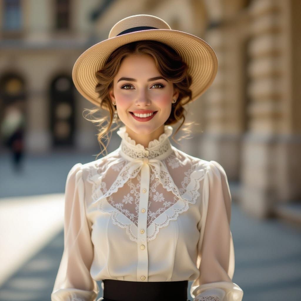 1910s Budapest Woman in Lace Blouse and Hat