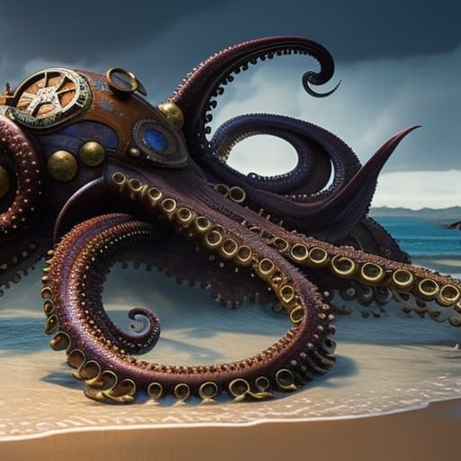 Steampunk Kraken on the Beach in Art Nouveau Style