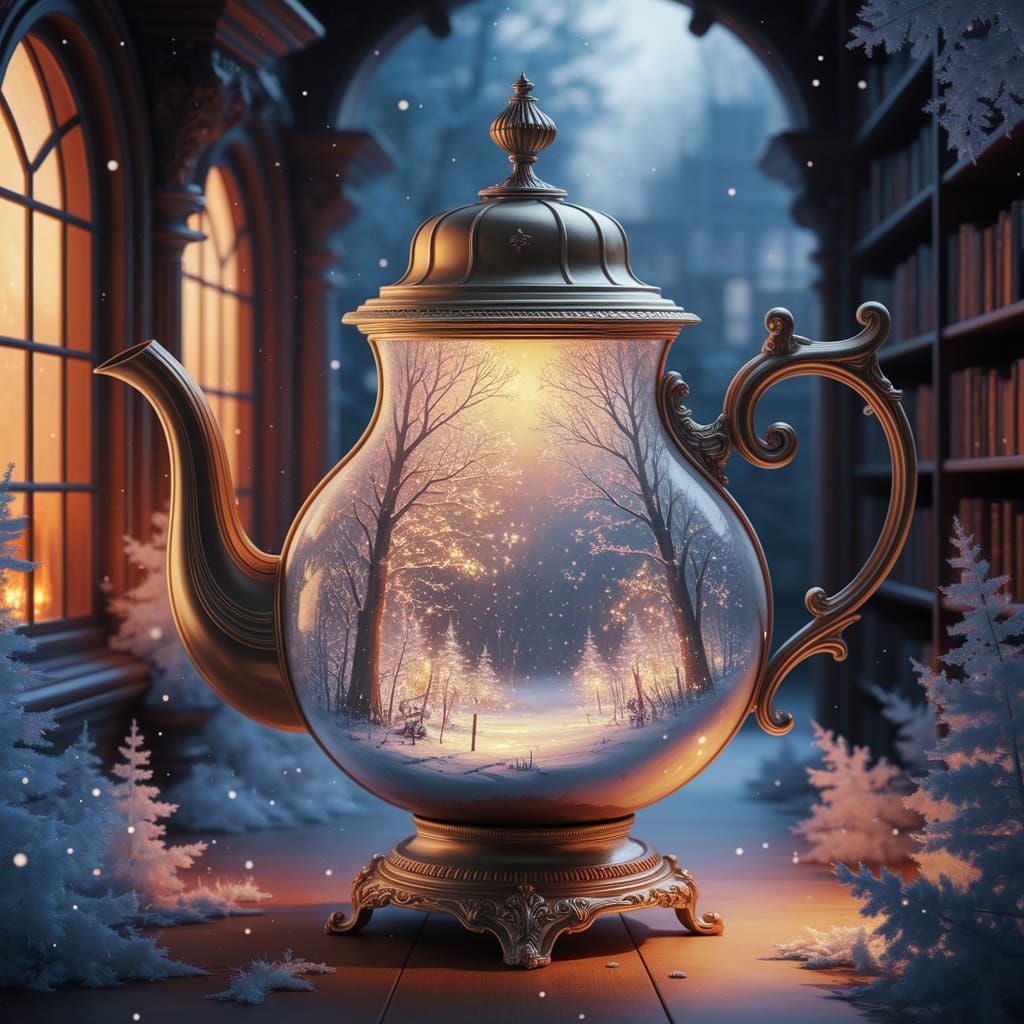 Magical Teapot Lamp with Winter Forest Scene