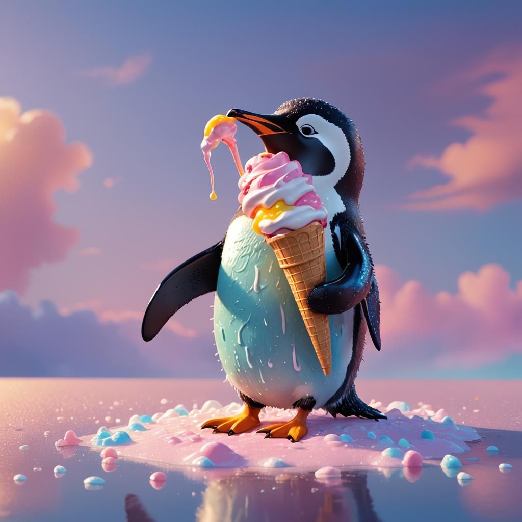 Penguin Enjoys Ice Cream: 3D Pixar-Style Art
