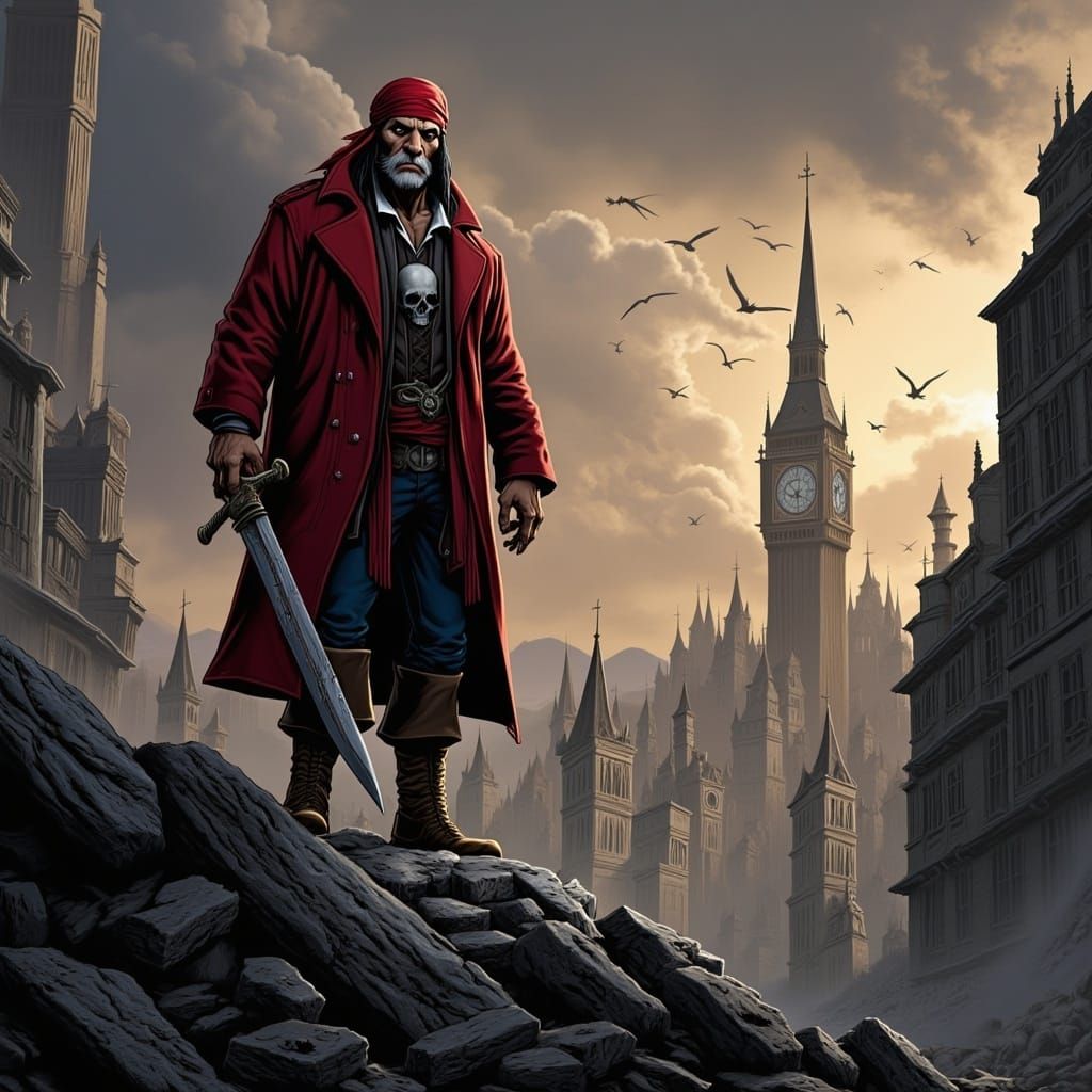 Pirate Overlooking Ruined City in Dramatic Lighting
