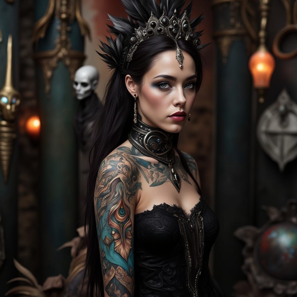 Gothic Woman with Fantasy Tattoo in Dark Art Nouveau Style