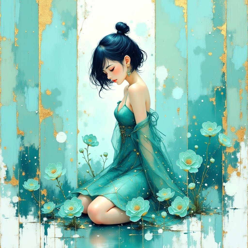 Anime Woman Kneeling in Dreamy Turquoise Scene