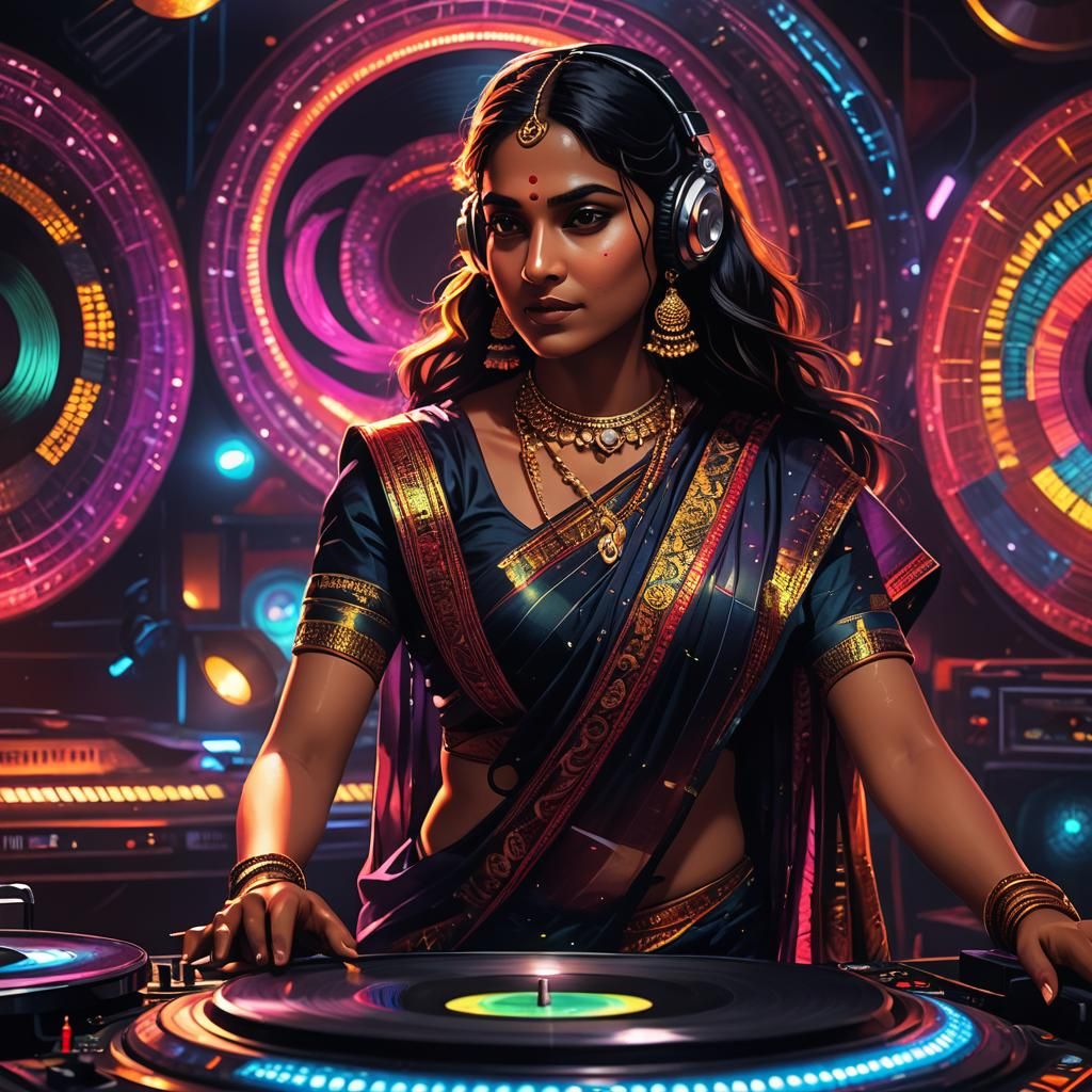 Indian Woman DJ in Neon Lit Nightclub