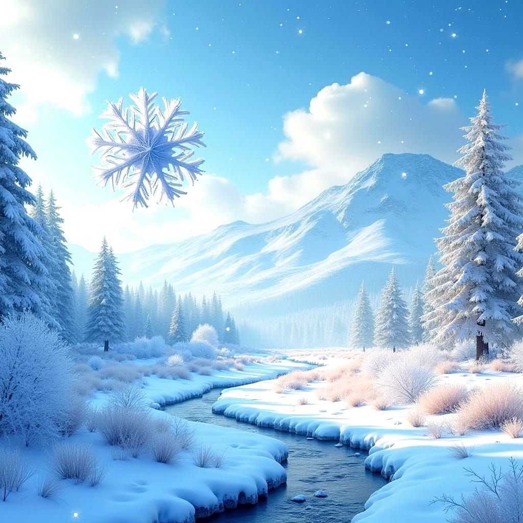 Cinematic Winter Landscape with Detailed Snowflake