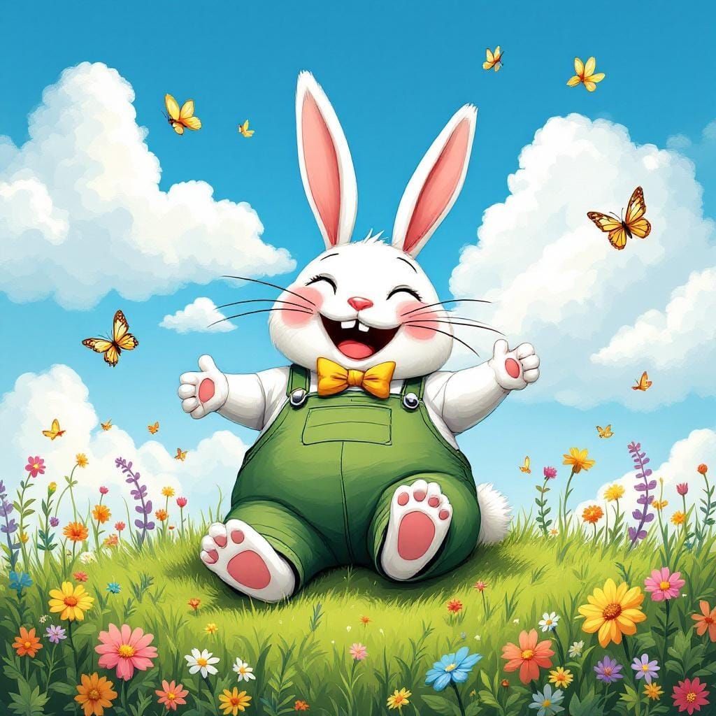 Joyful Cartoon Bunny Rolling in a Flower Meadow