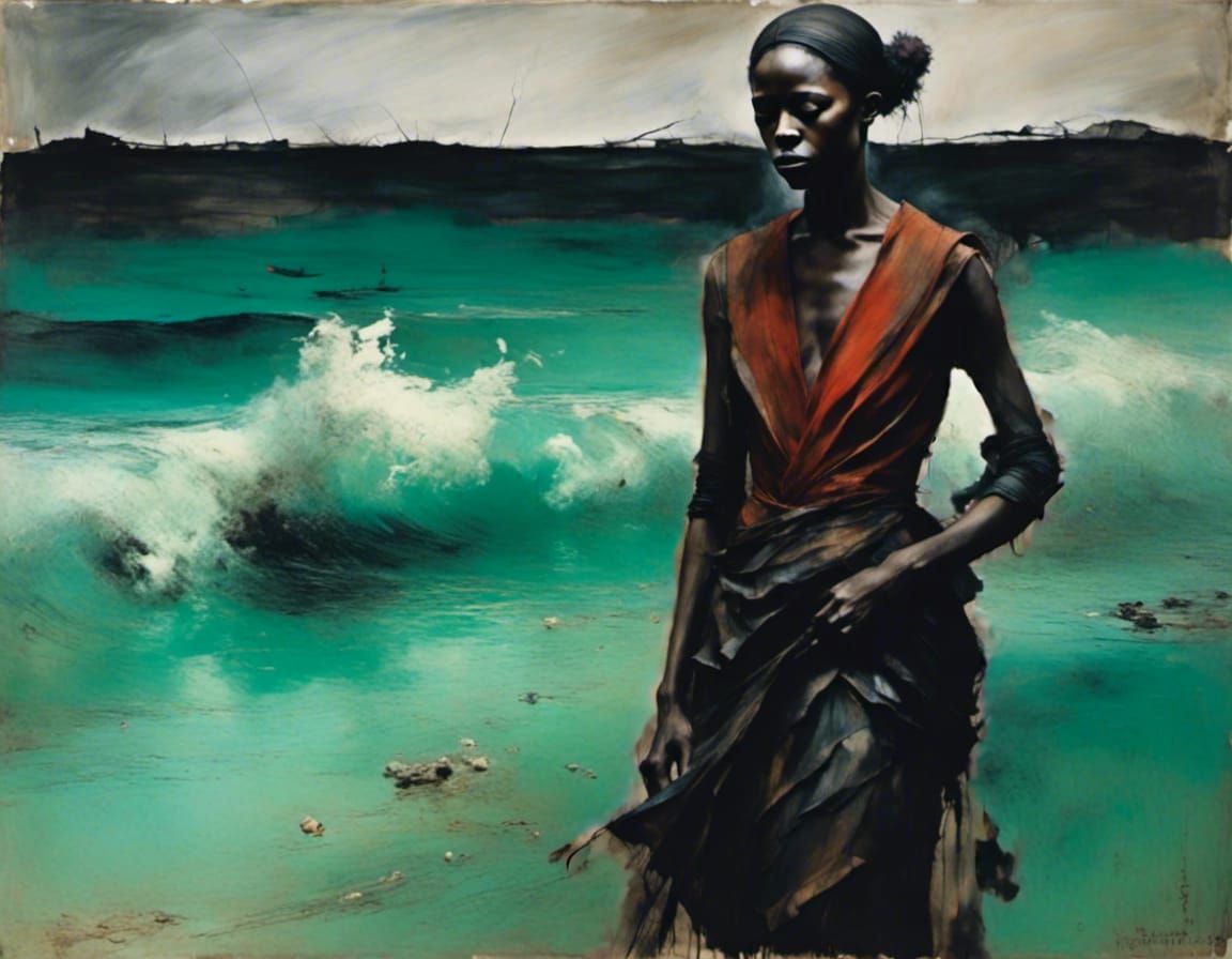 Impressionistic Seascape in Muted Dark Blue and Green