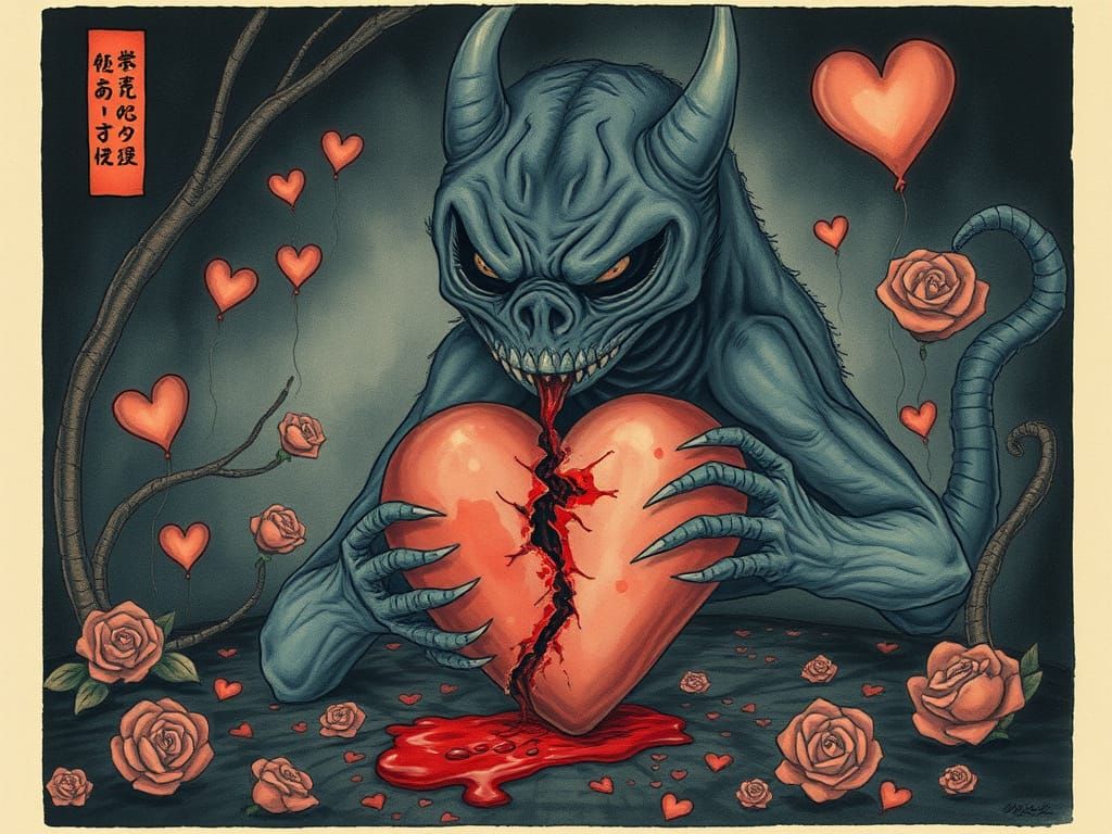 Surreal Despair: Creature with Bleeding Heart in Dark Waterc...