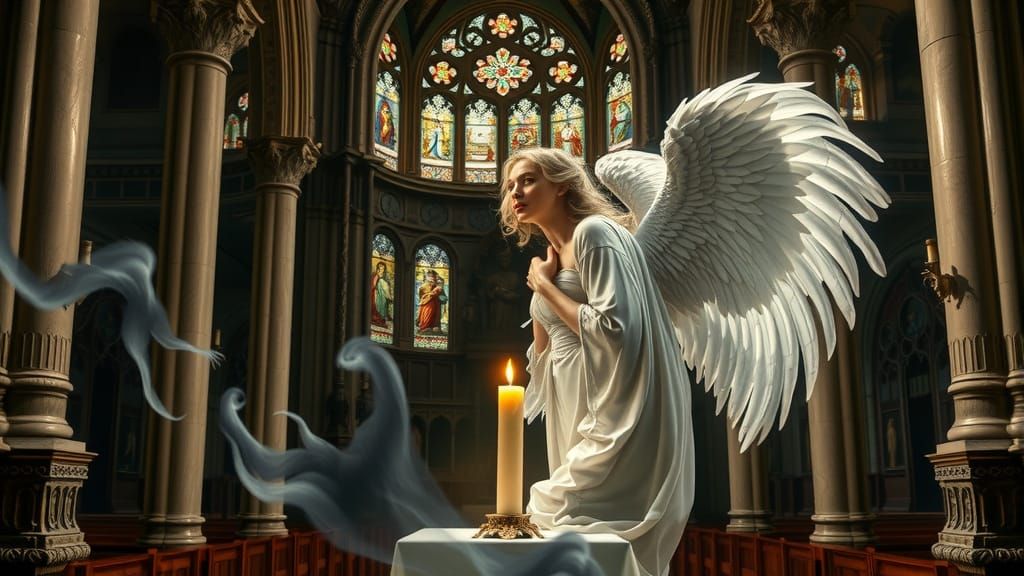 Angelic Woman in Medieval Church, Surrealist Portrait