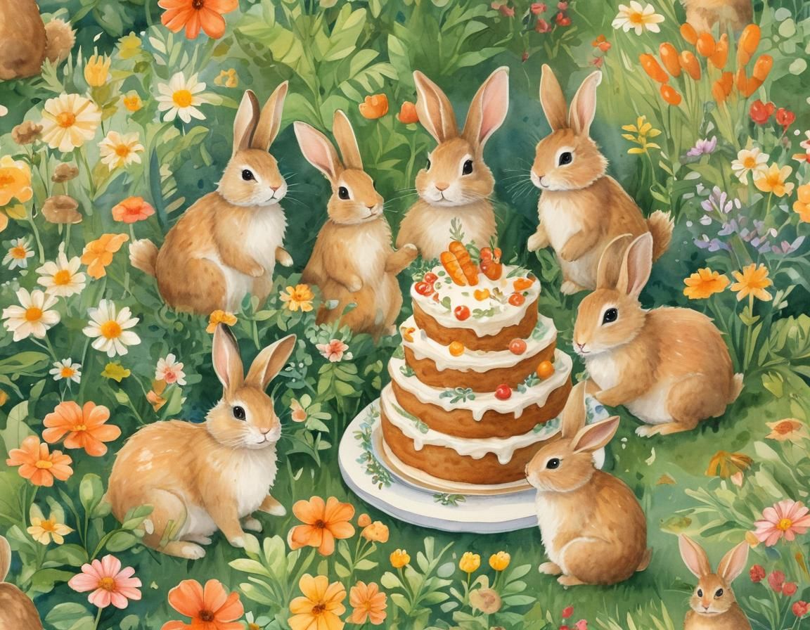 Bunnies Enjoy Carrot Cake in Watercolor Garden