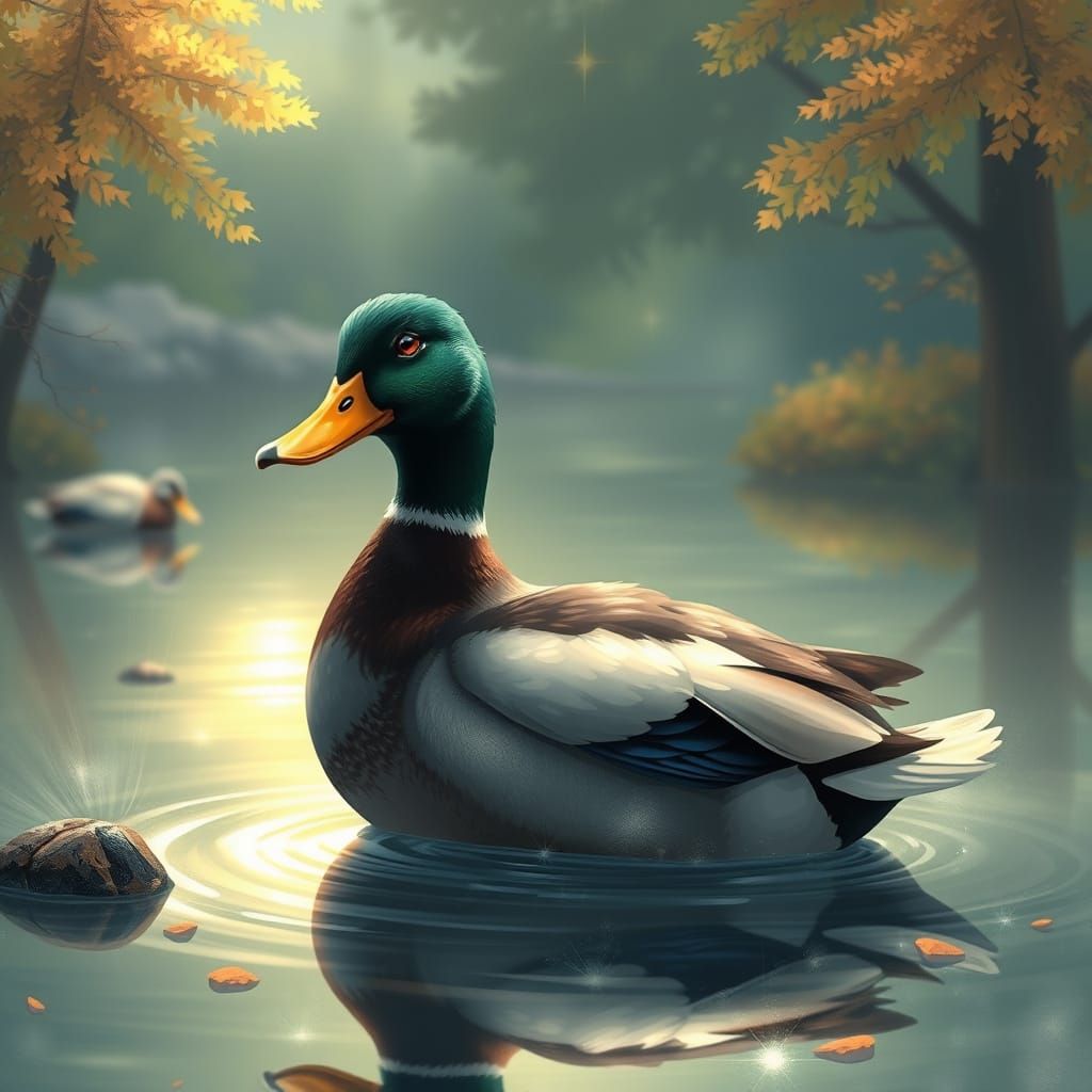 Ethereal Mallard Duck in Whimsical Fantasy Landscape