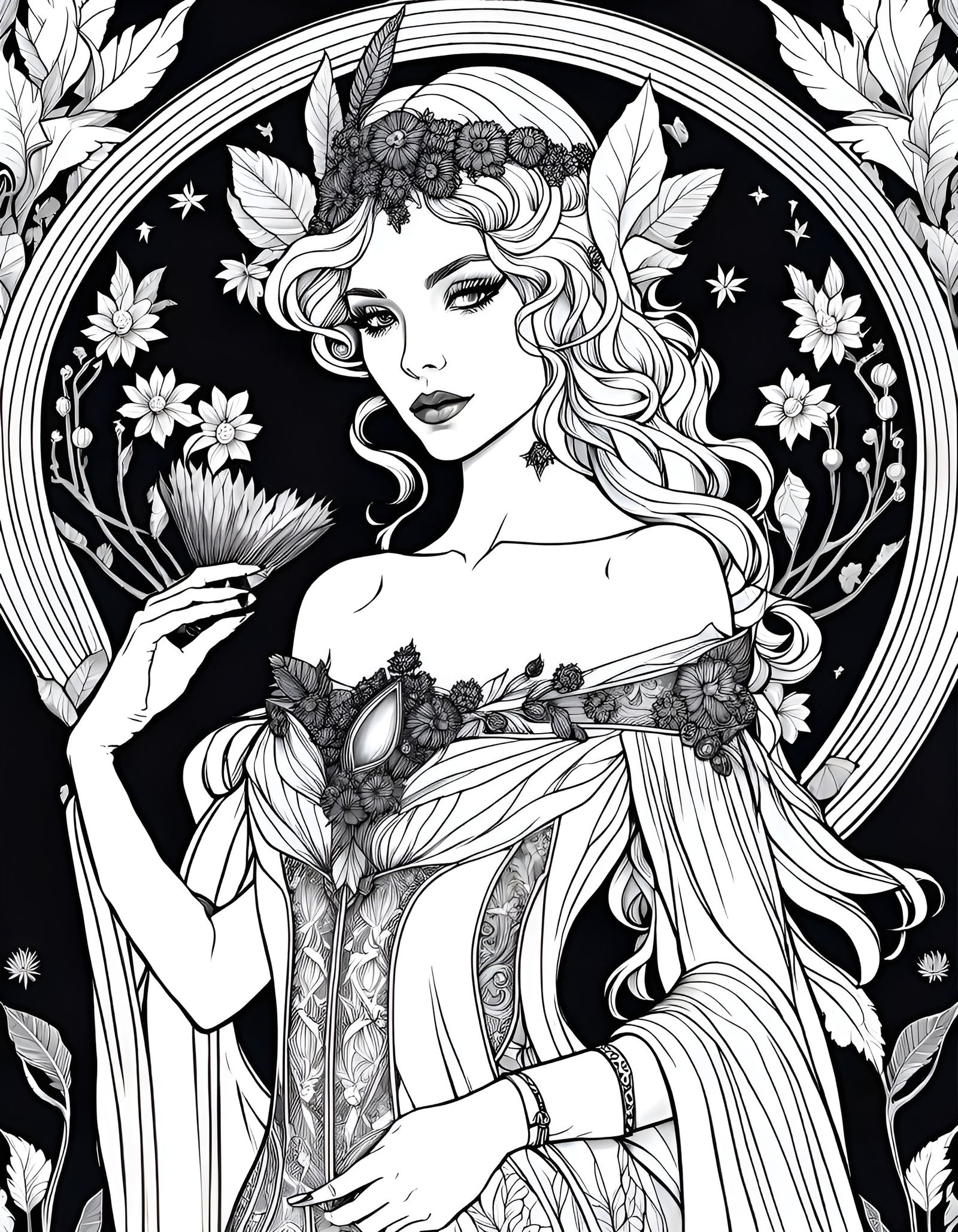 Dark Fairy Sorceress Line Art in Art Deco Style