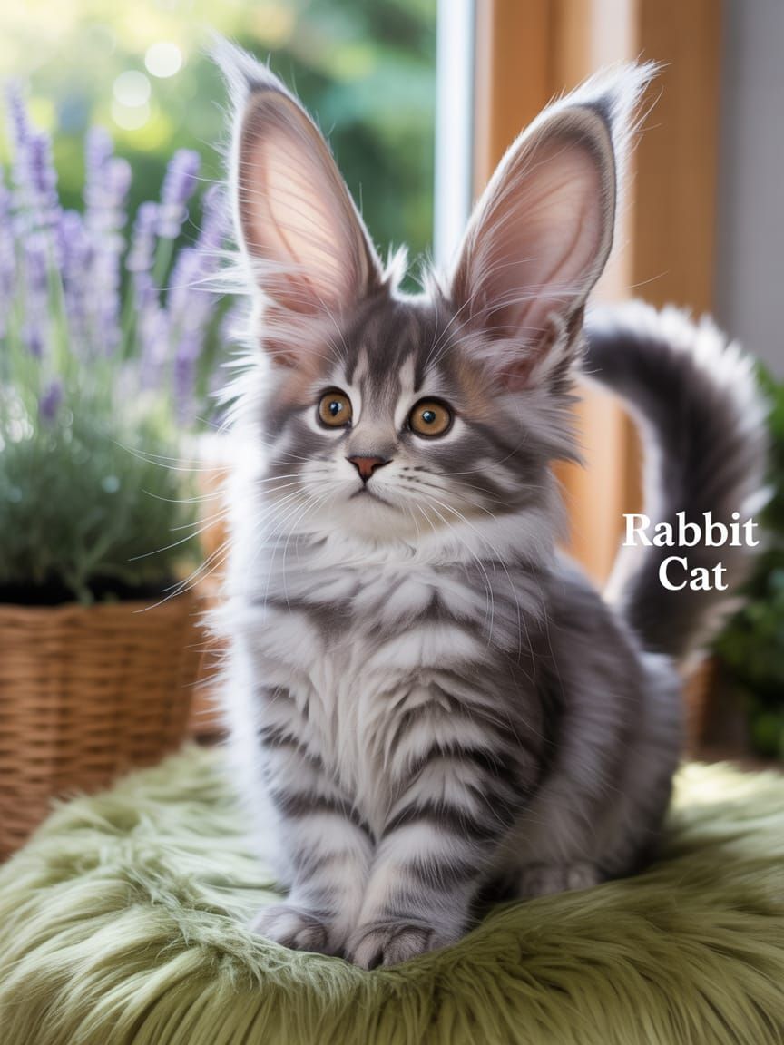 Fluffy Cat with Long Rabbit Ears Sits on Cushion