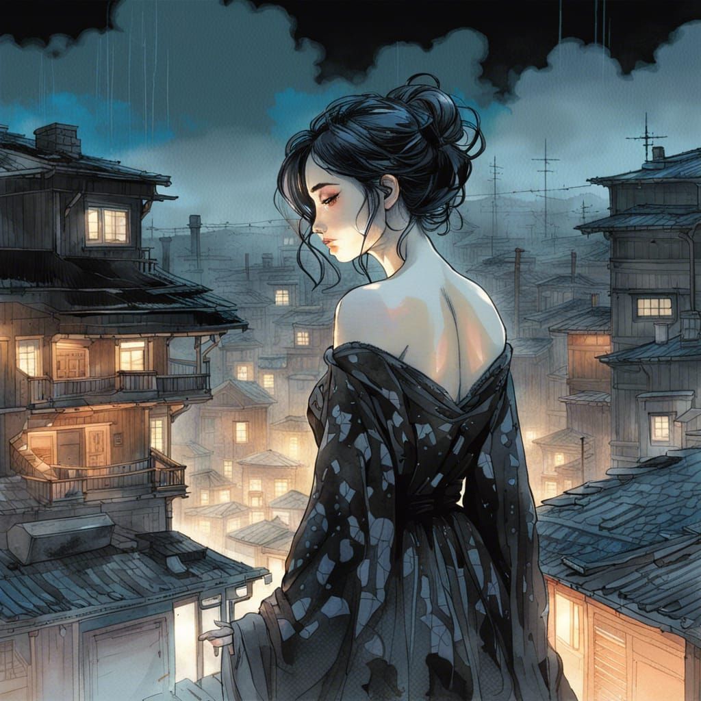 Neon Lit Woman on Rainy Rooftops: Manhwa Portrait
