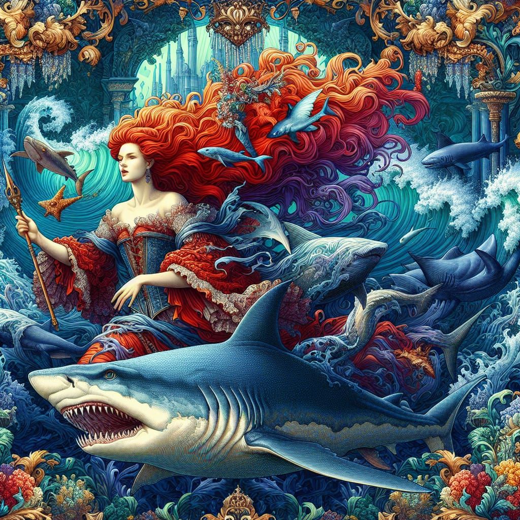 Atlantis Rococo: Redhead Rides Shark in Underwater Kingdom