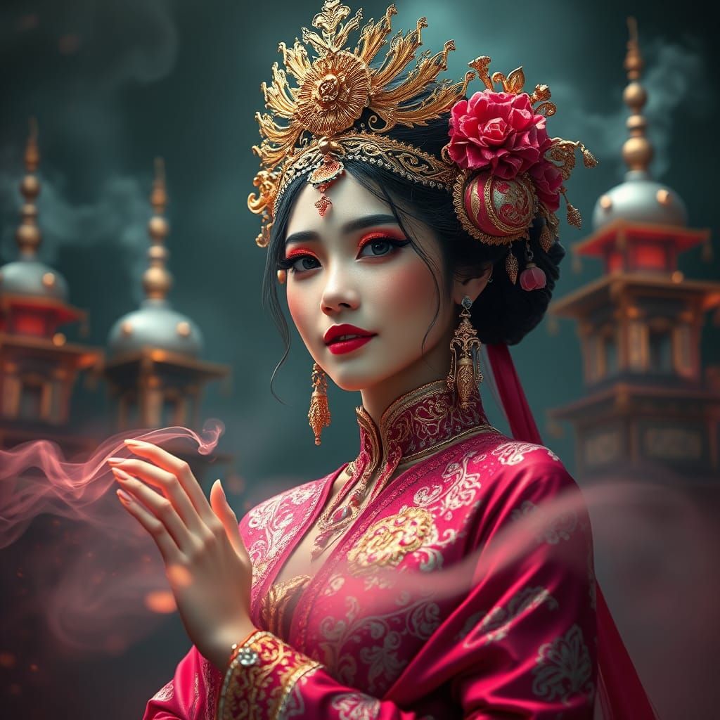 Baba-Nyonya Beauty Dances Amidst Silver and Gold Smoke