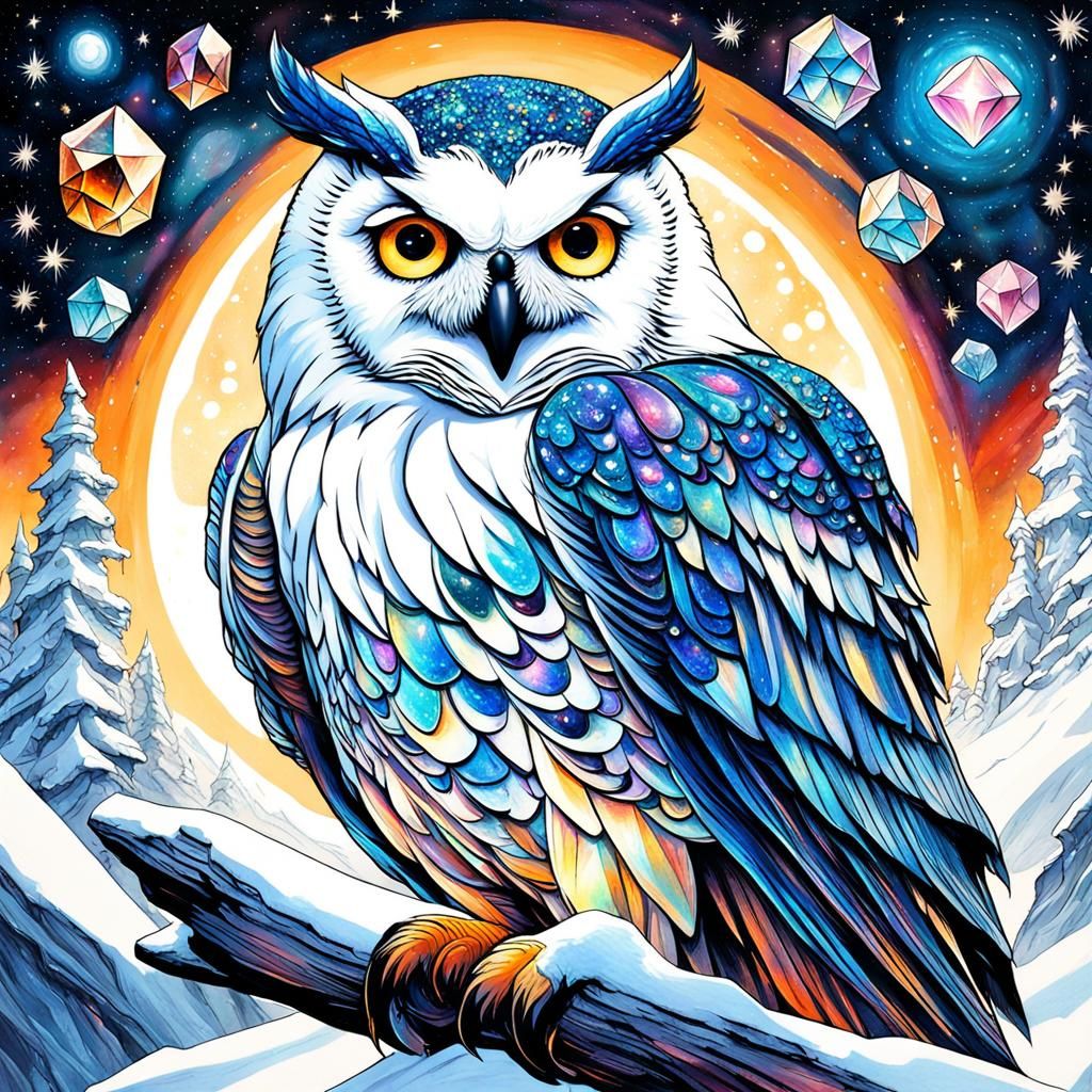 Snow Owl in Space with Crystals, Gouache Style