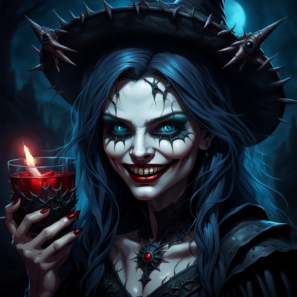 Eerie Gothic Witch with Red Lips and Empty Eyes