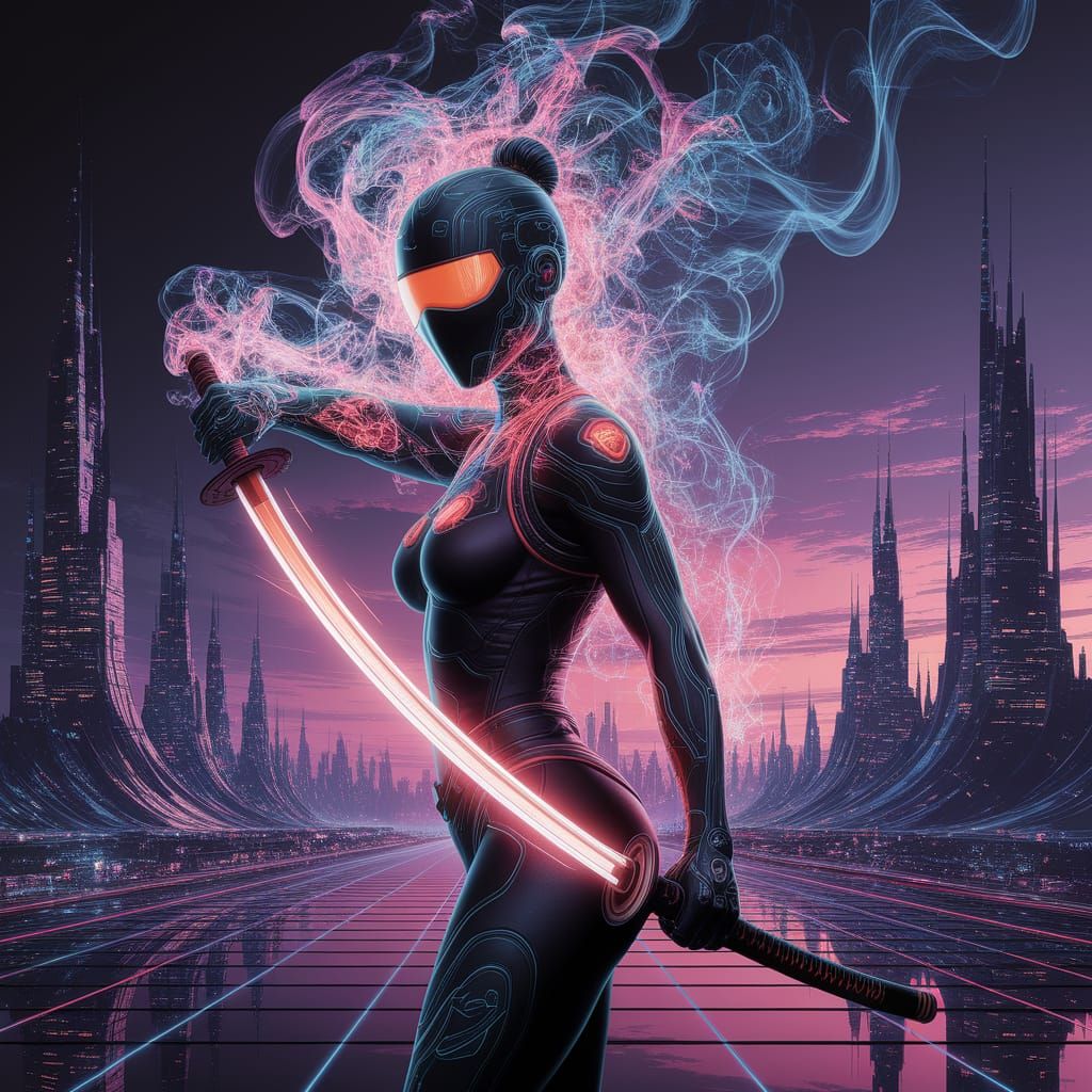 Cyberpunk Ninja in Neon Smoke, Futuristic Cityscape Art
