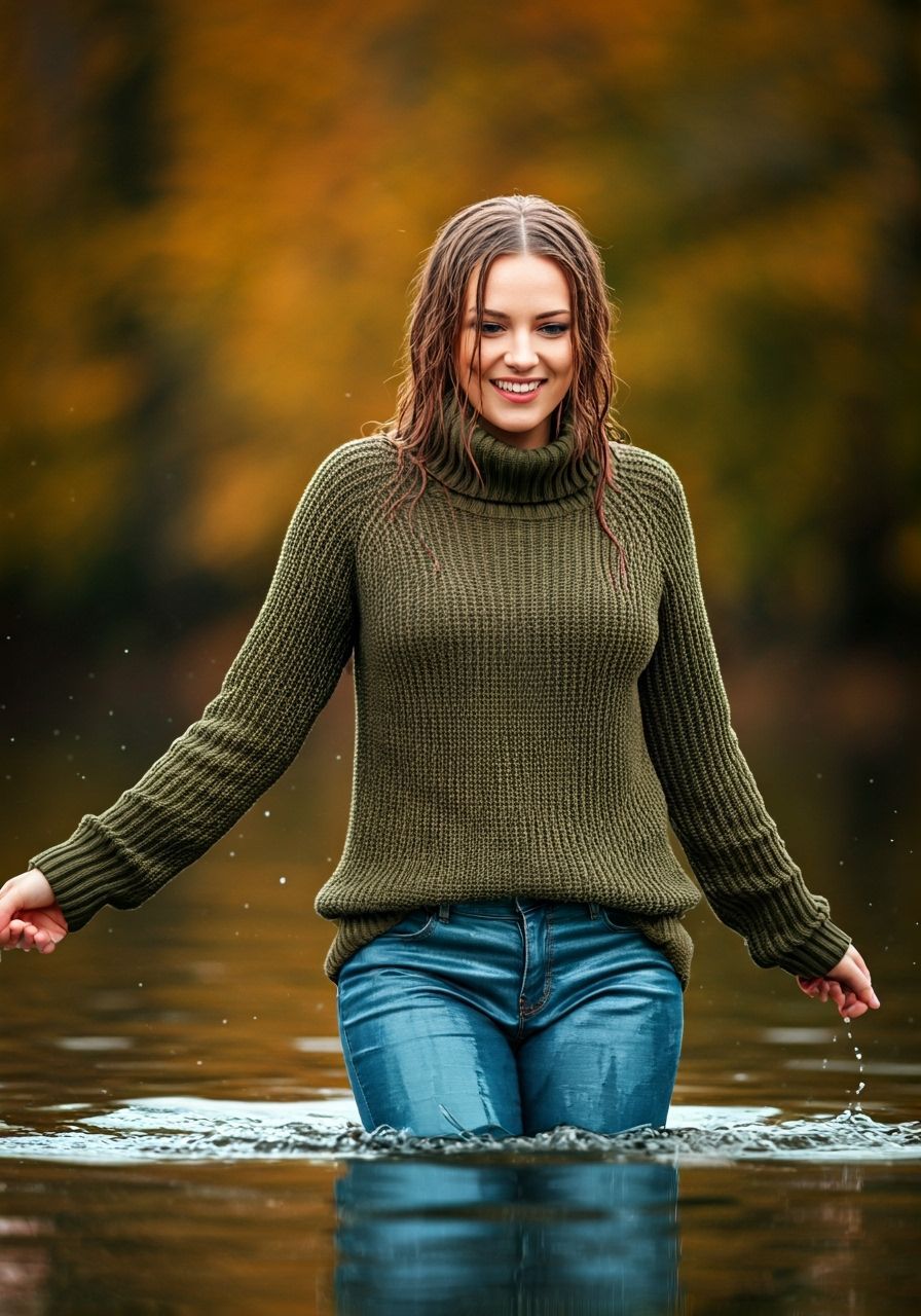Woman Joyfully Splashing in Autumn Water