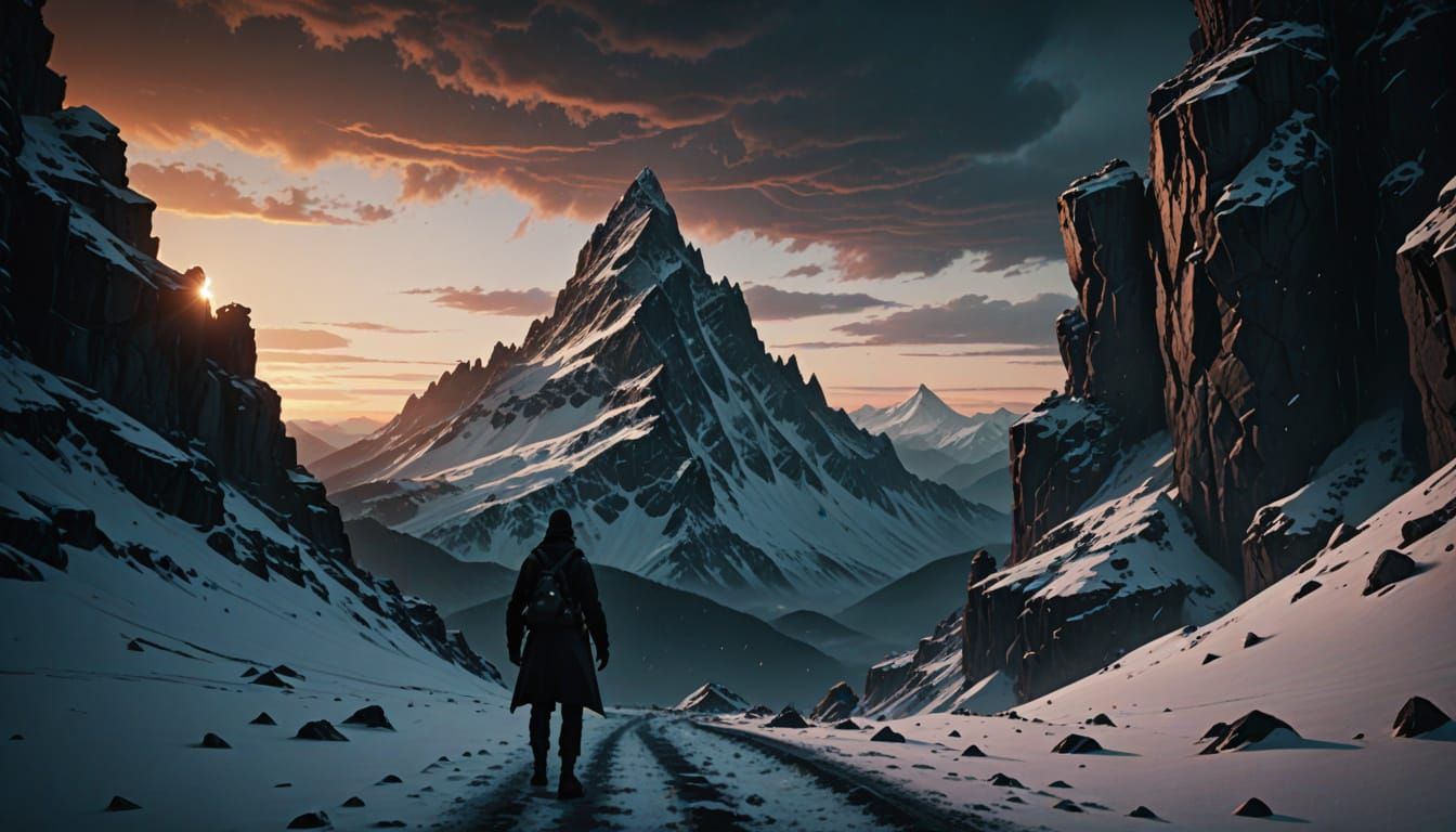 Female Agent Scales Mountain Peak at Dawn in Noir Style