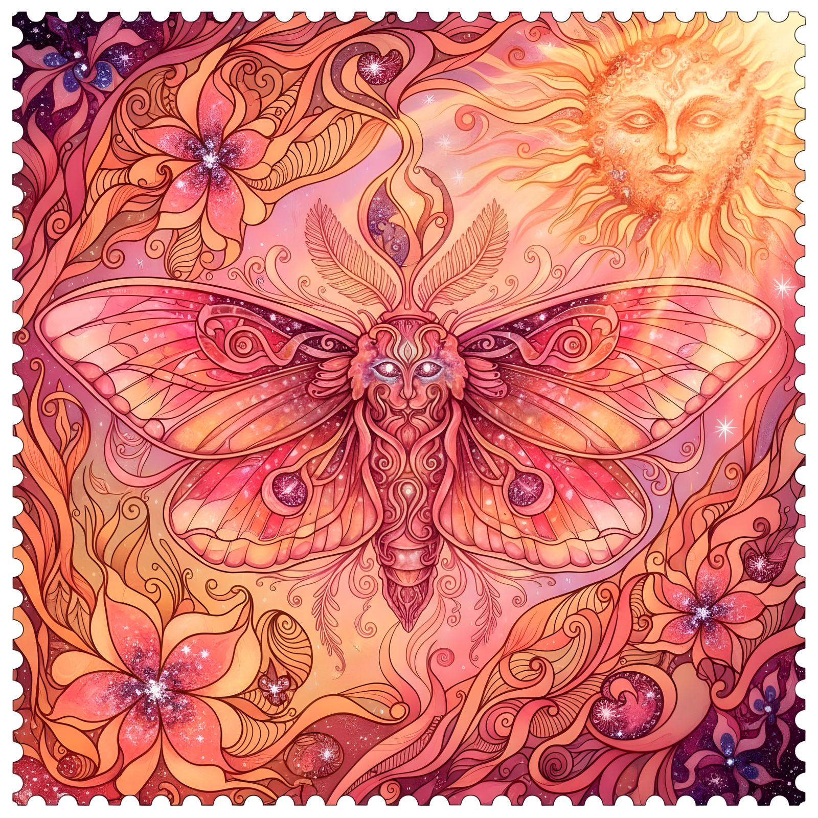 Moth Goddess and Sun God on Postage Stamp