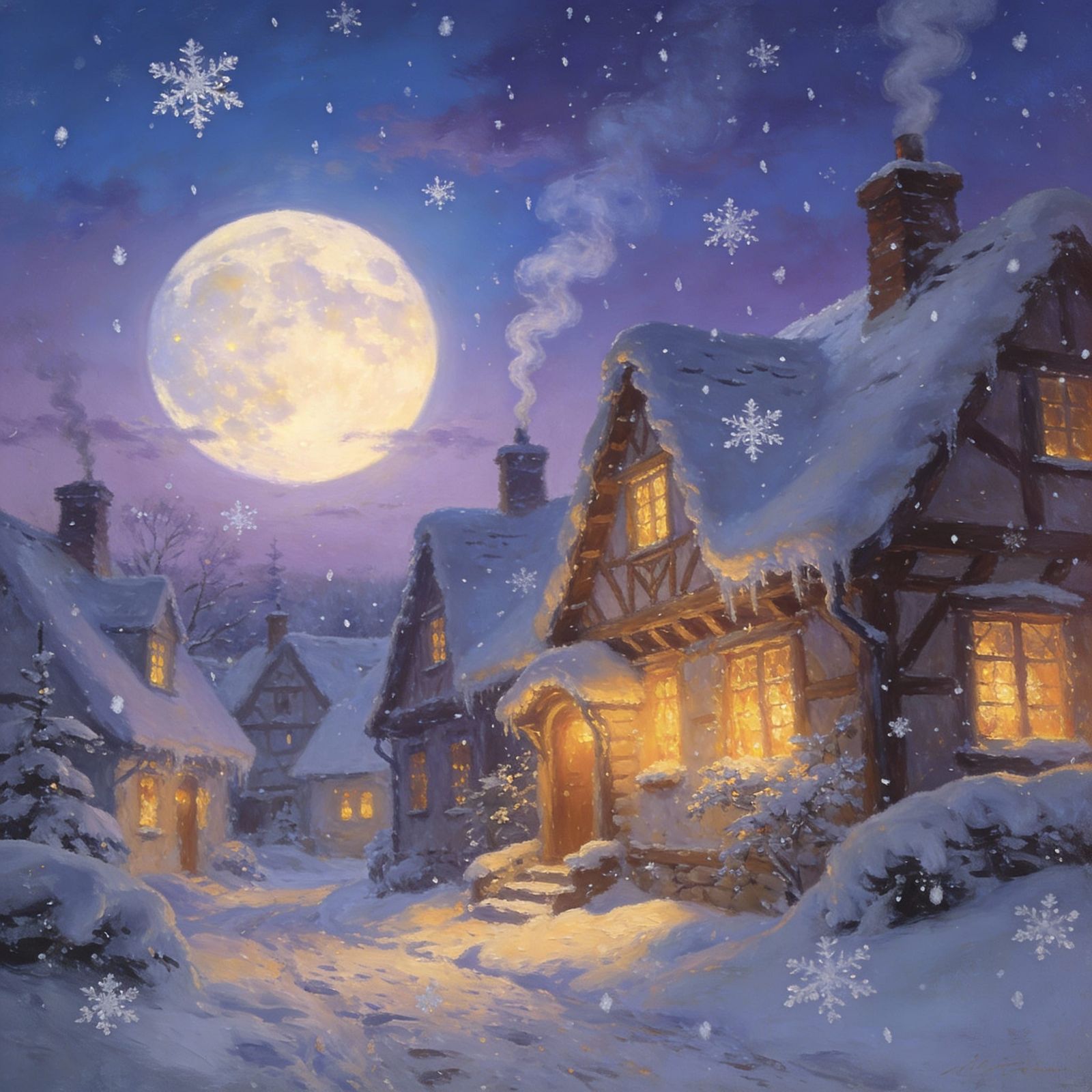 Whimsical Moonlit Cottages on a Snowy Evening