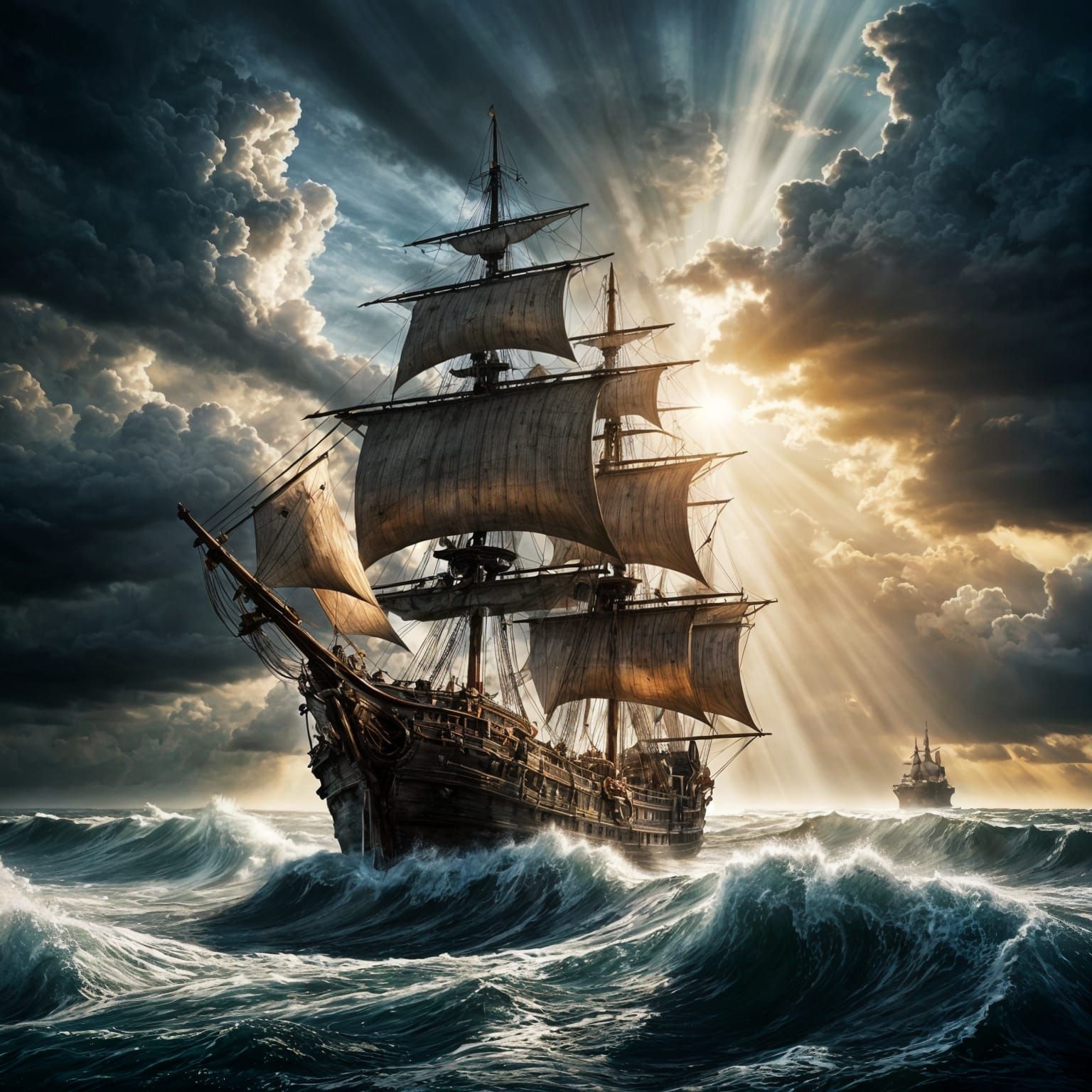 Epic Galleon on Stormy Seas with Godly Rays