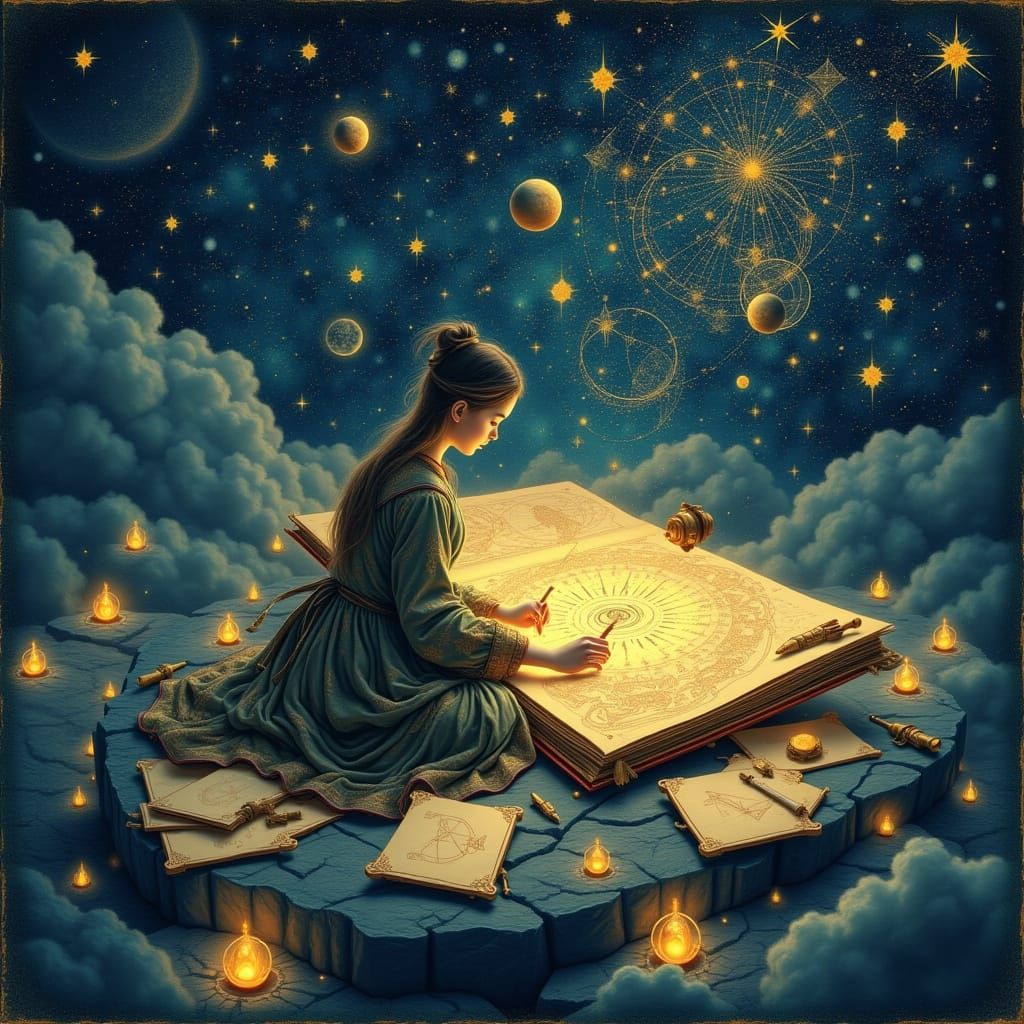 Celestial Cartographer Mapping Stars in Floating Observatory