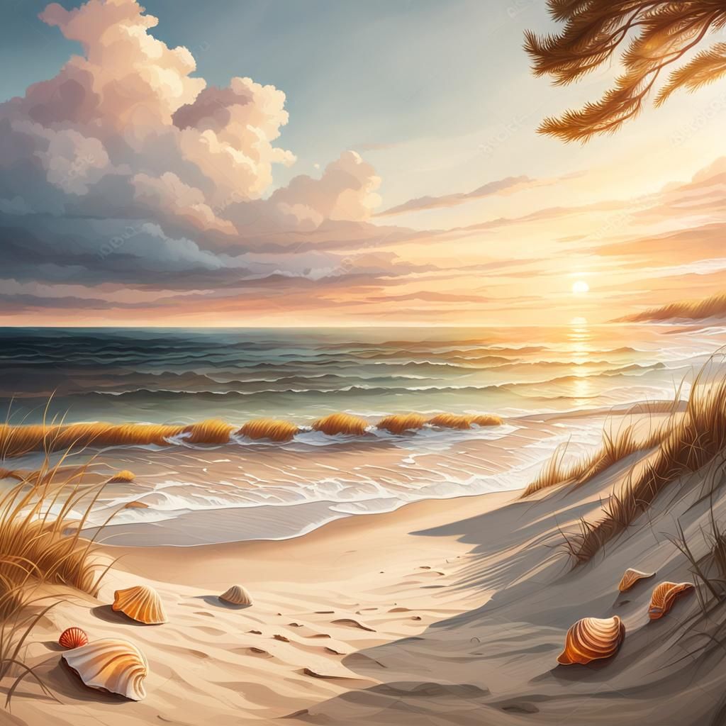 Romantic Seascape at Sunset with Amber Shells