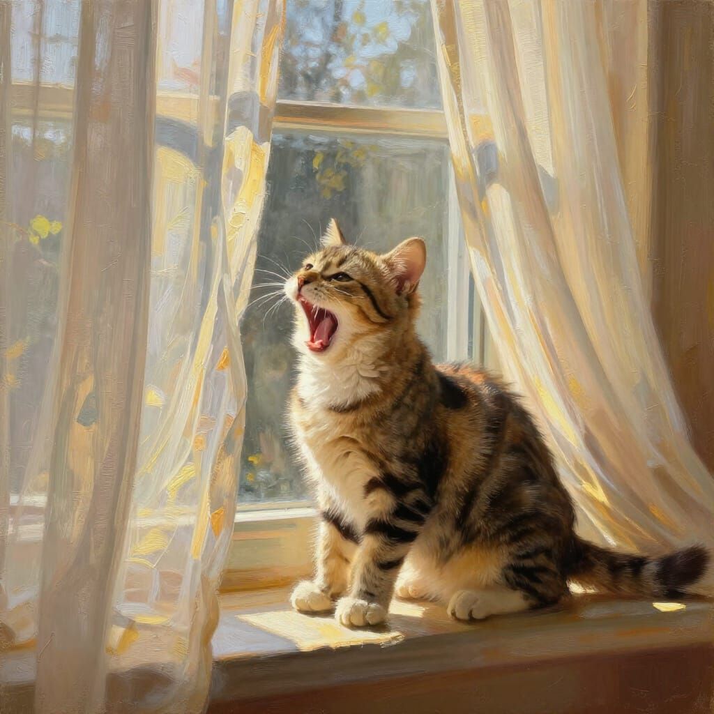 Tabby Kitten Yawning in Sunbeam, Impressionist Style