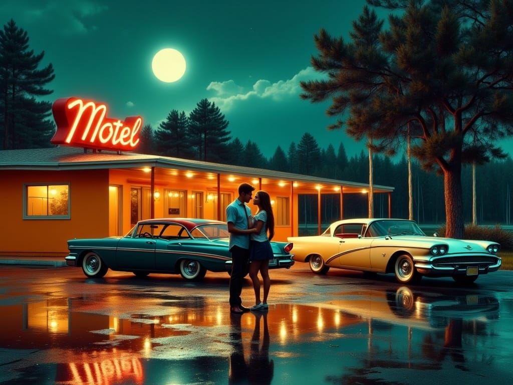 Retro Futuristic Nighttime Scene of a Vintage Motel in Warm....