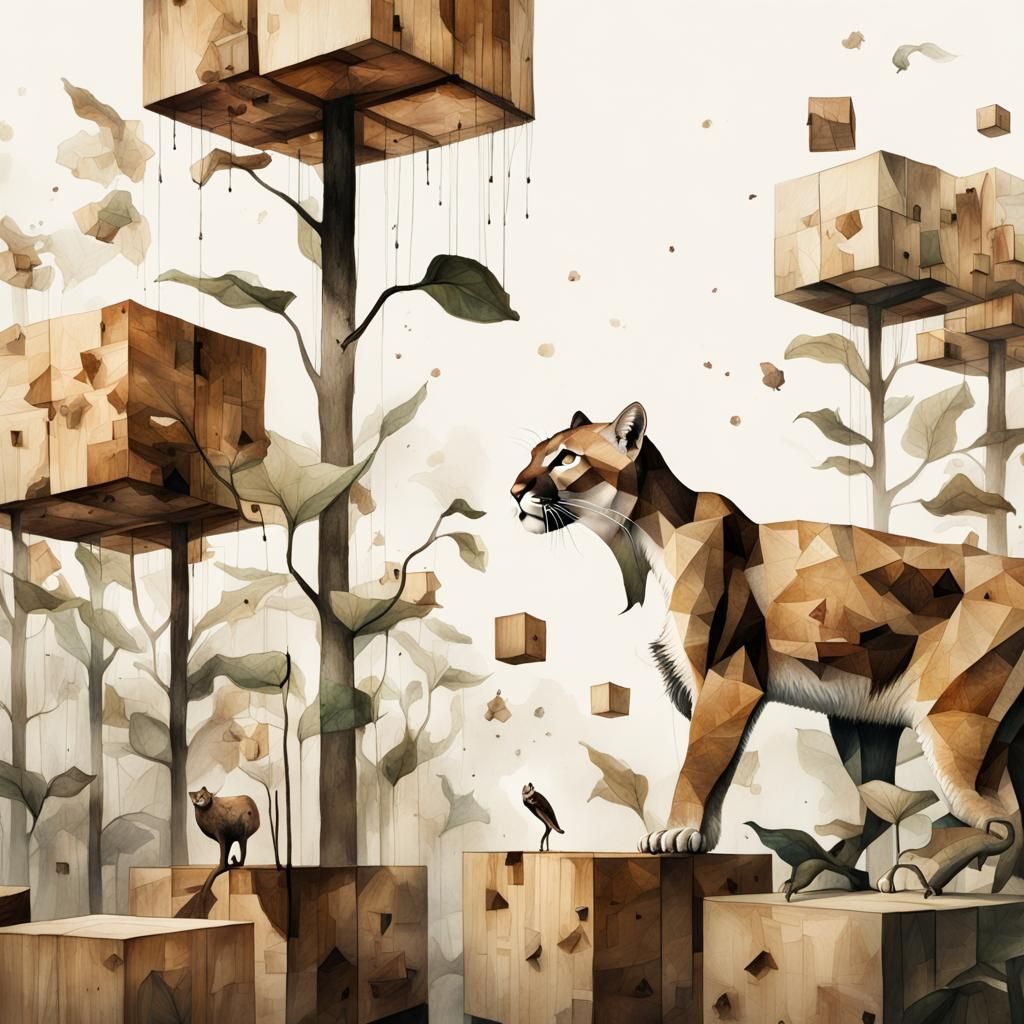 Disintegrating Puma Double Exposure in Gouache Watercolor