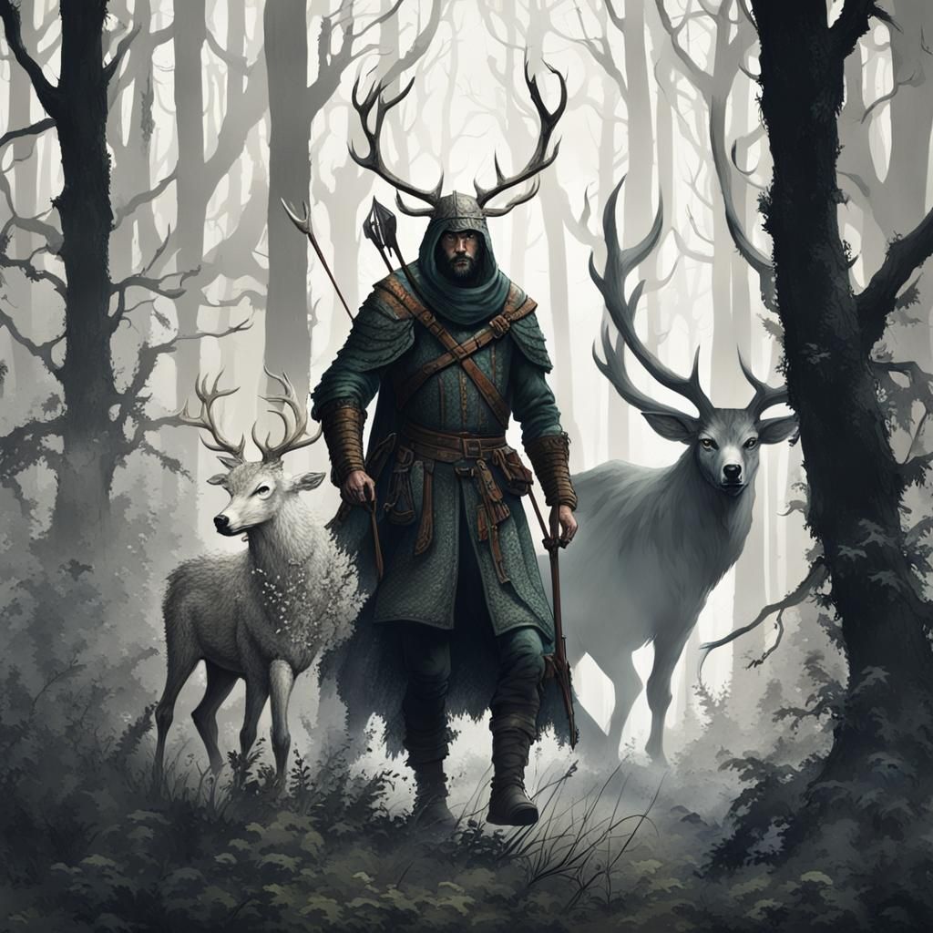 Sinister Medieval Huntsman Tracking Ghostly Stag