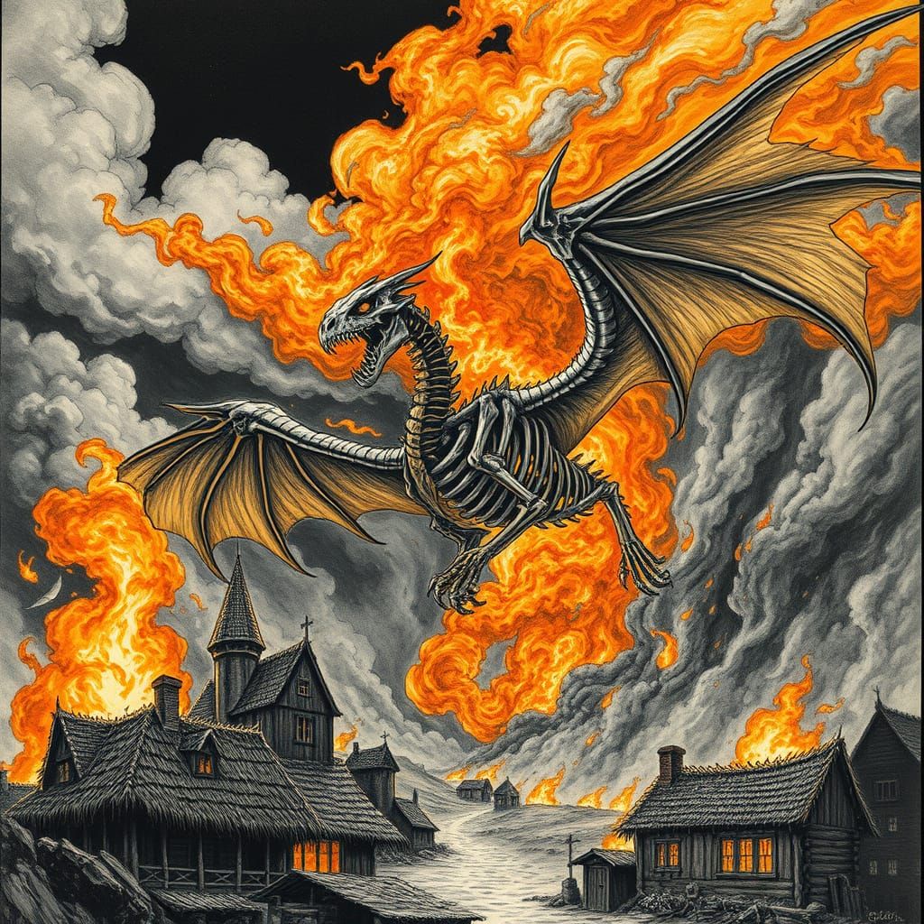 Skeletal Dragon Engulfs Burning Village in Fiery Inferno