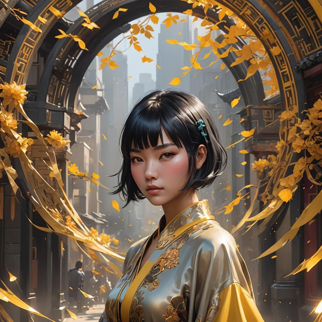 Chinese Girl Portrait in Hyperdetailed Art Nouveau Style