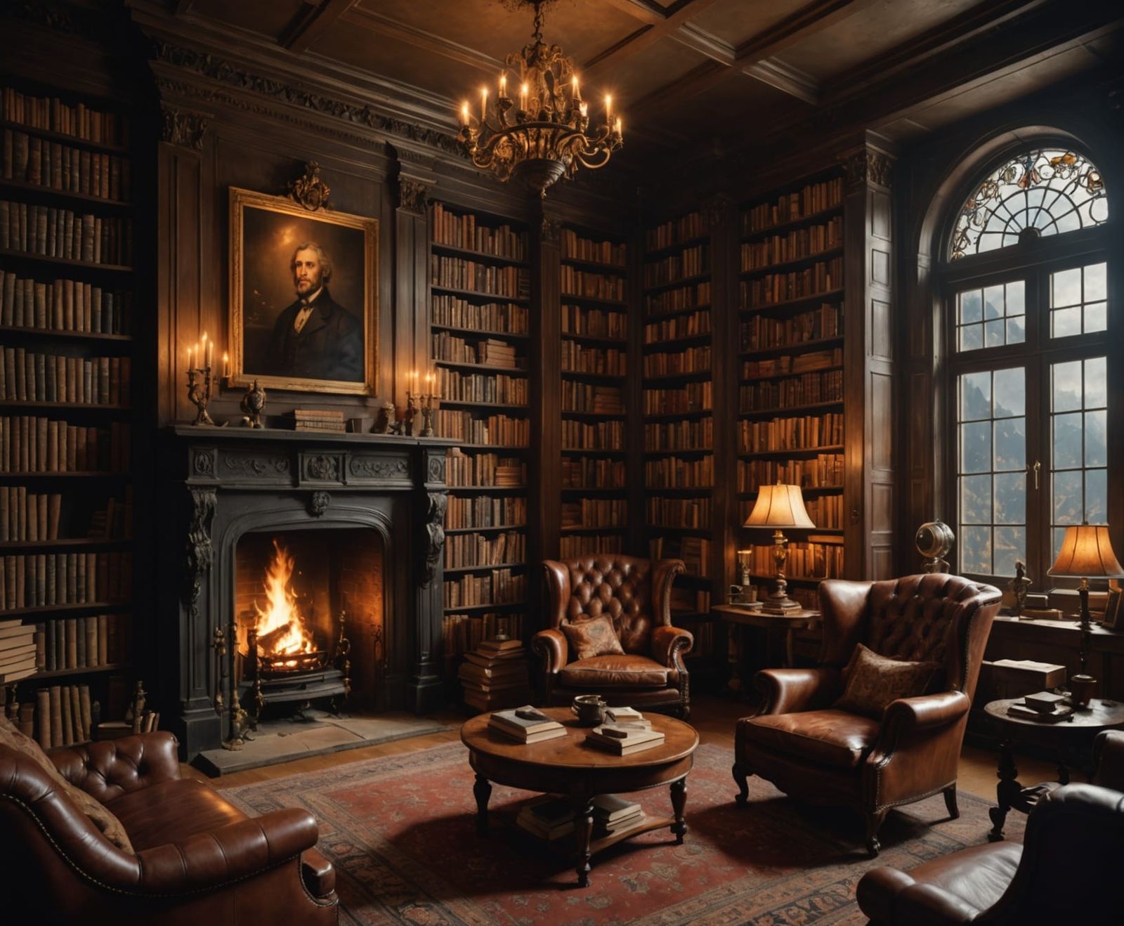 Cozy Library with Fireplace: Digital Matte Painting