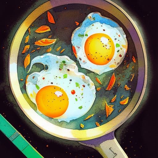 Fried Eggs in Wok: Detailed Watercolor Painting