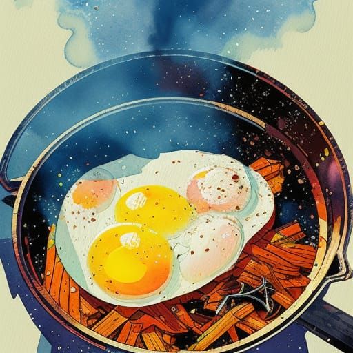 Fried Eggs in Wok, Watercolor Disney Splash Art