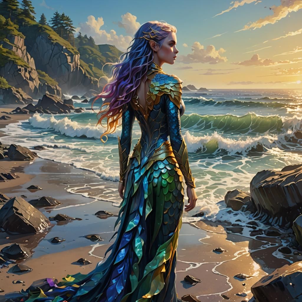 Sea Elf on Rocky Beach in Oil Painting Style
