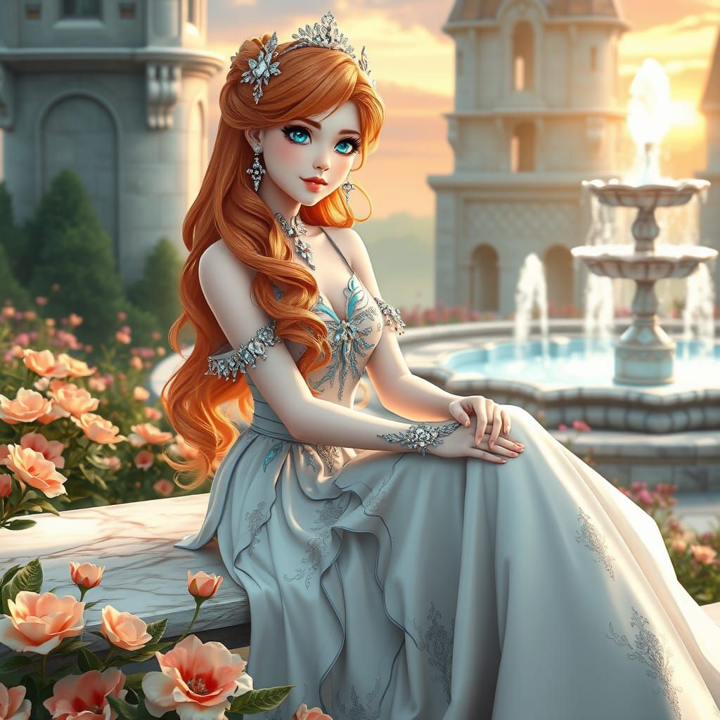 Anime Fantasy Princess in Castle Garden at Sunset