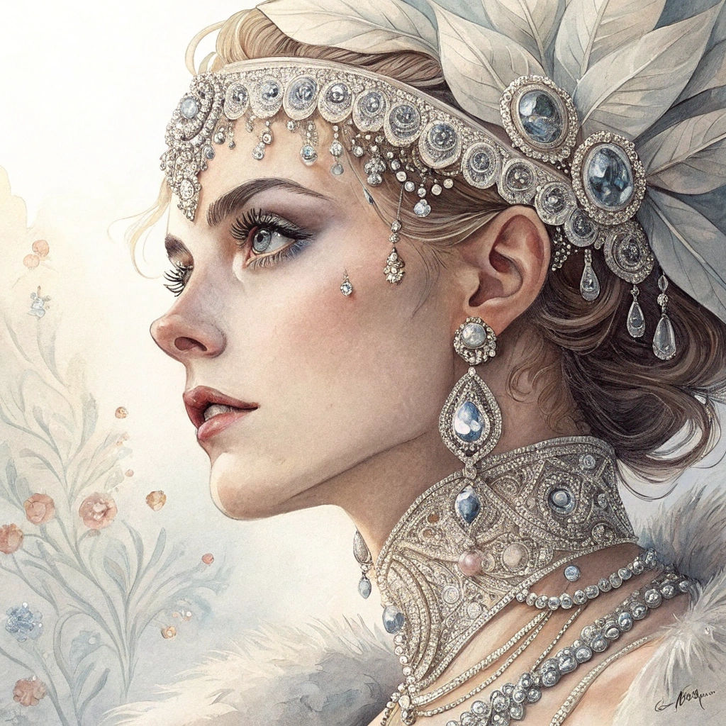 Woman in Crystal Jewelry, Watercolor Art Nouveau Style