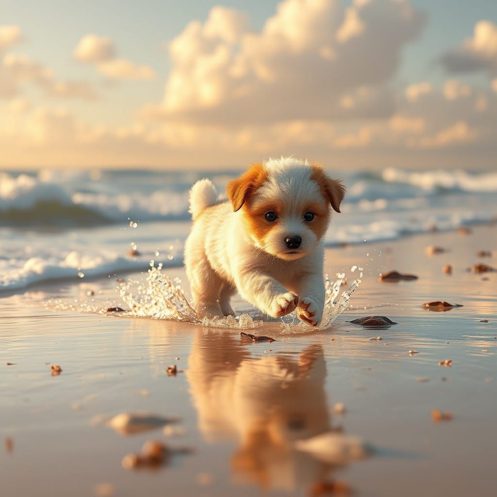 Surreal Beach Puppy Plays in Crystal Waves, Concept Art Styl...