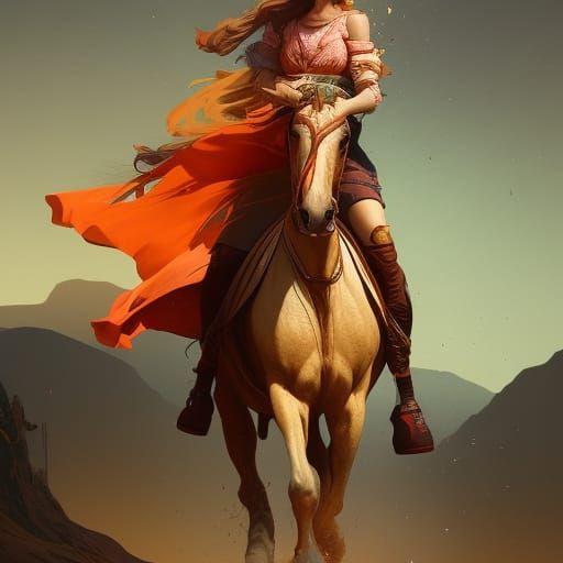 Girl on Horseback: Detailed Art Nouveau Digital Painting