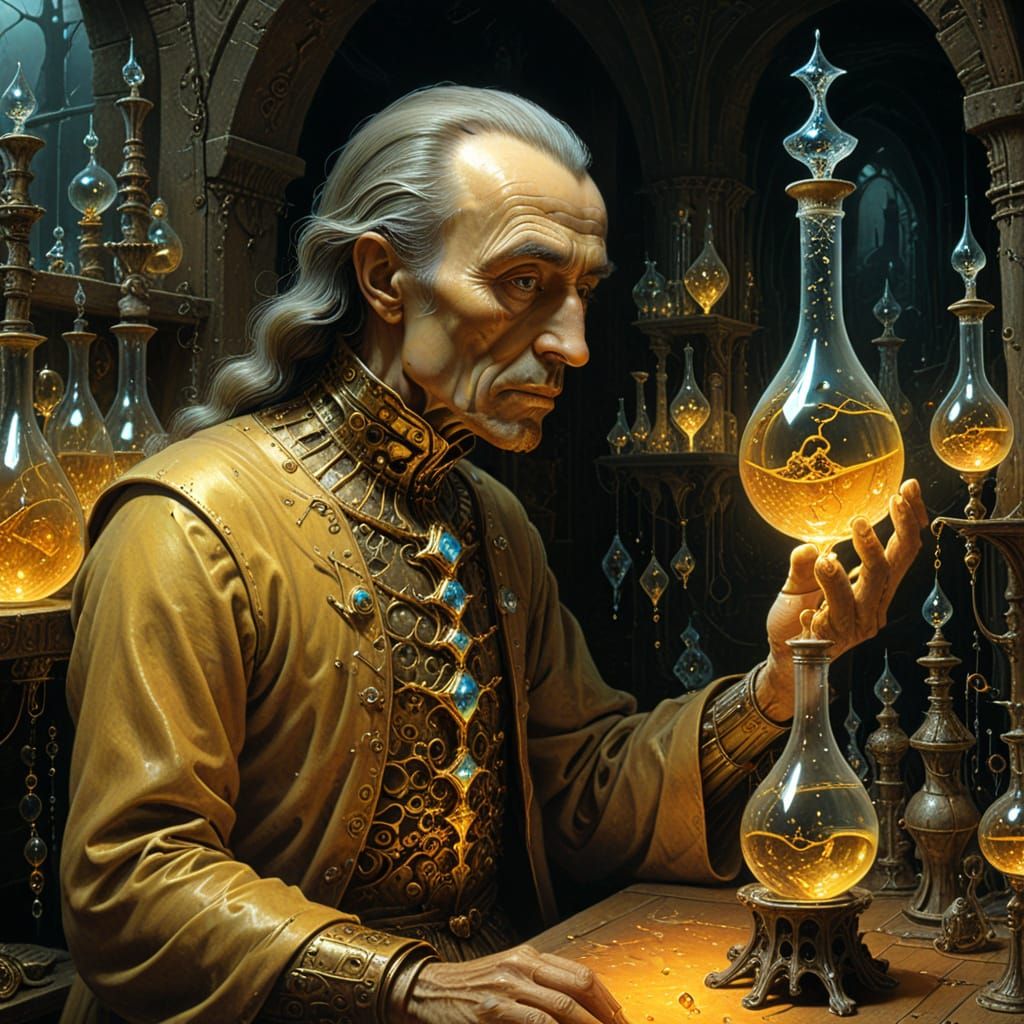 Alchemist in Medieval Lab, Surreal Digital Painting