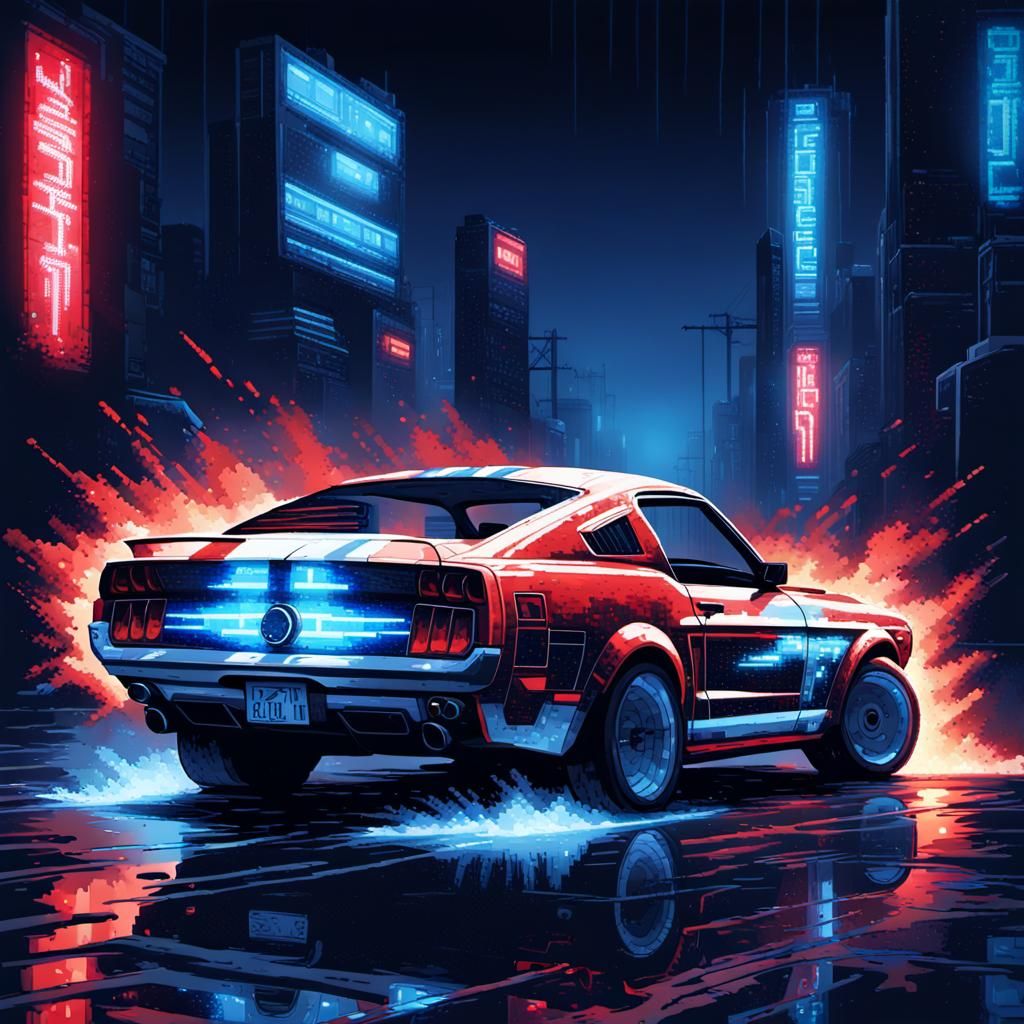 Cyberpunk Pixel Art Mustang with Neon Lights